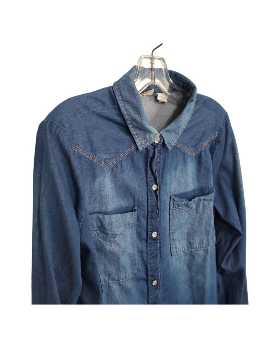 Mudd Jrs XL Shirt Denim Chambray Pearl Snap Button Down Western Country Pockets - Picture 5 of 9